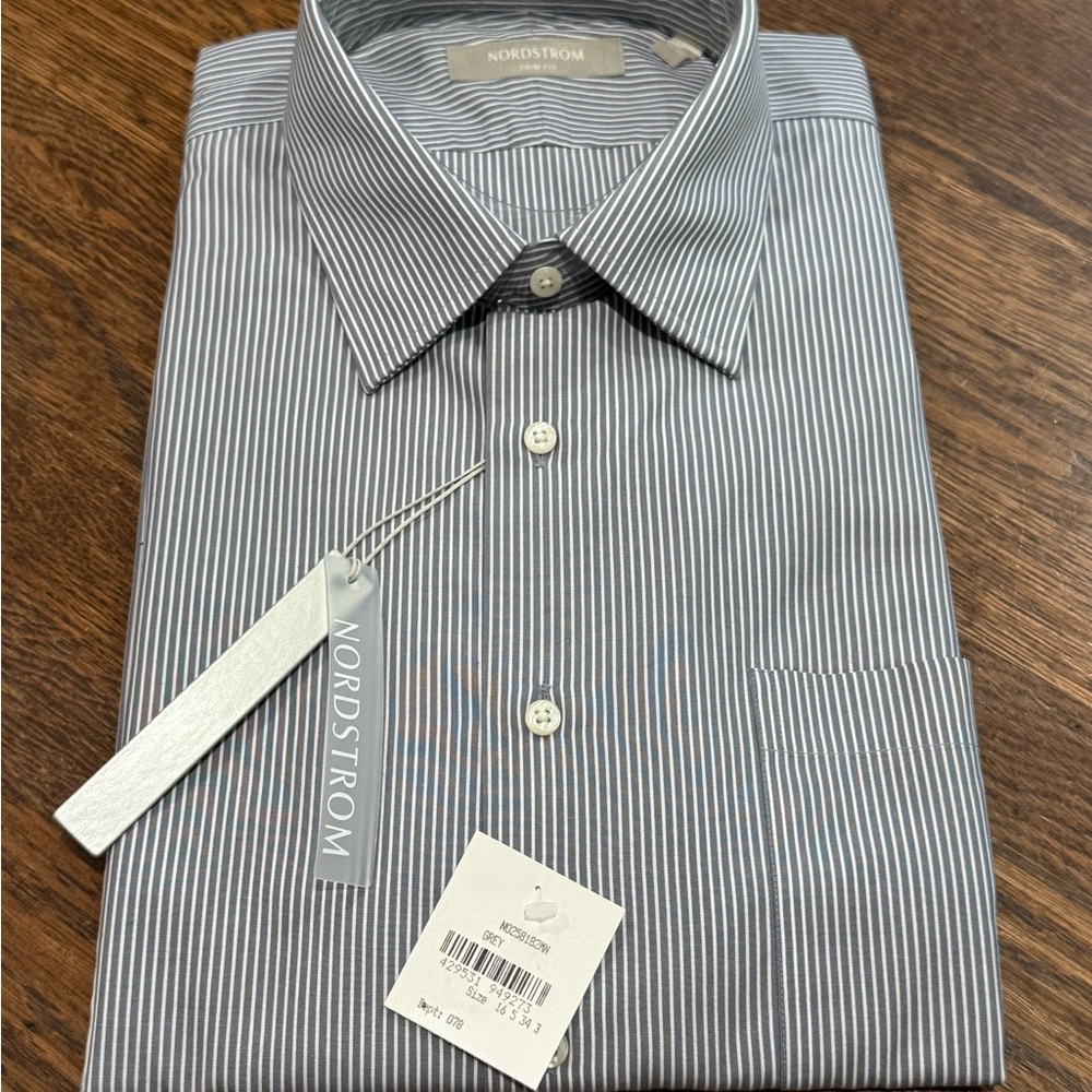 Nordstrom Trim Fit Gray Striped Dress Shirt Classic Style, 16.5 NWT